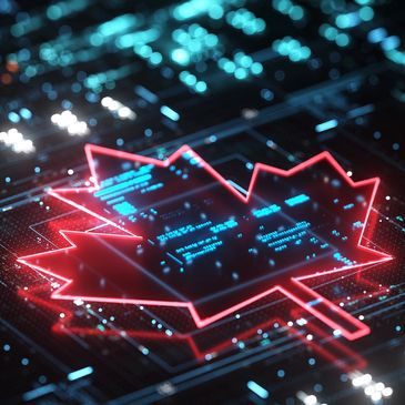 Neon maple leaf on digital circuit board.