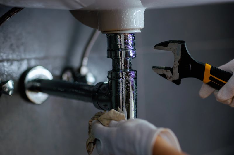 A person in white gloves uses a wrench and cloth to work on chrome plumbing under a sink, suggesting repair and maintenance.