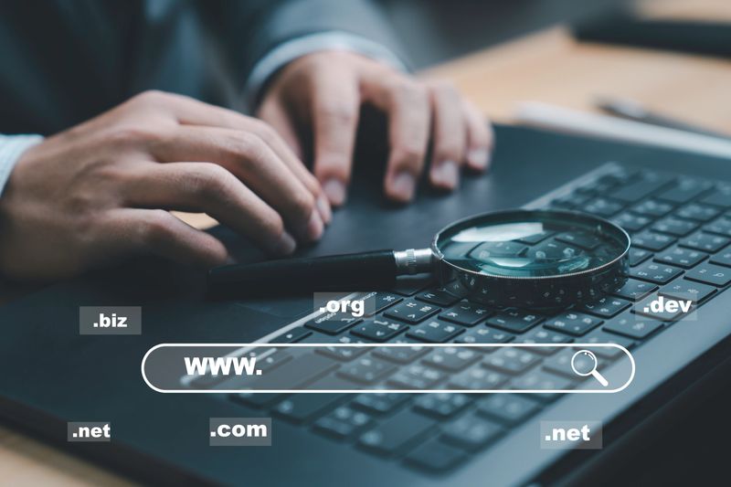 A close-up of hands typing on a laptop keyboard, showcasing various domain extensions such as .com, .net, and .org. The magnifying glass indicates searching for information online.