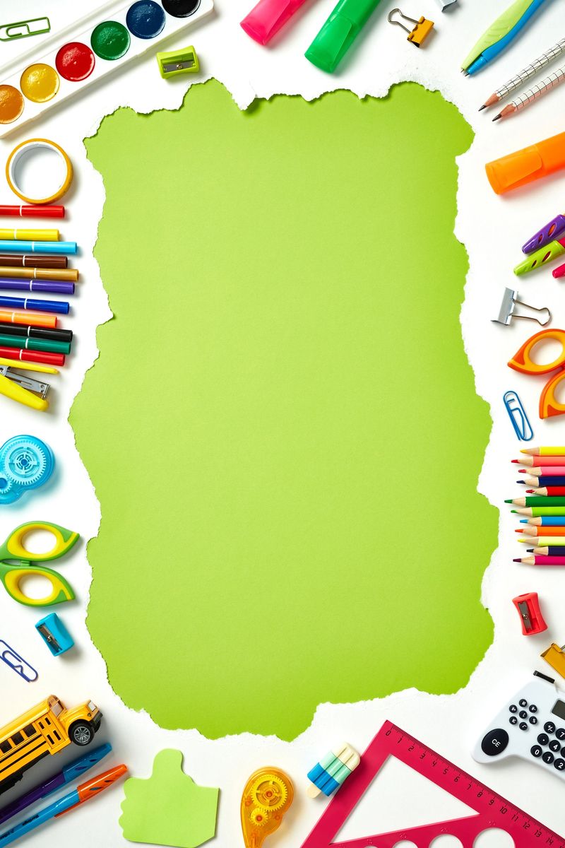 Flat lay school supplies with central green copy space for text. Back to school concept.