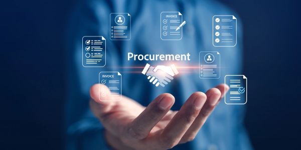 Concept of procurement with digital icons and handshake.