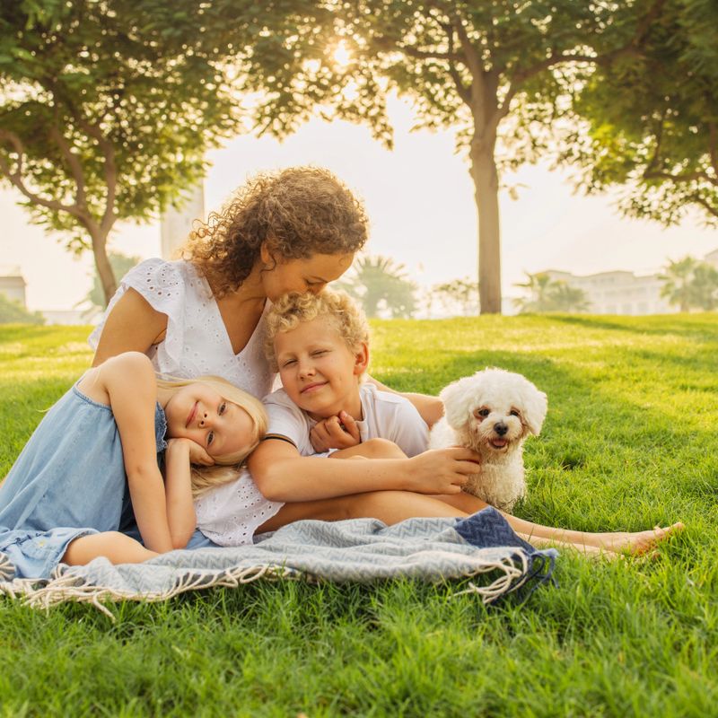 A family shares a heartwarming moment in a park, surrounded by greenery and sunlight. This joyful scene includes a mother with her two children and their adorable dog, sitting on a soft blanket. The peaceful outdoor atmosphere exudes happiness and love, capturing the essence of familial bonds and companionship.