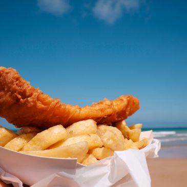 Fish and chips on the beach.