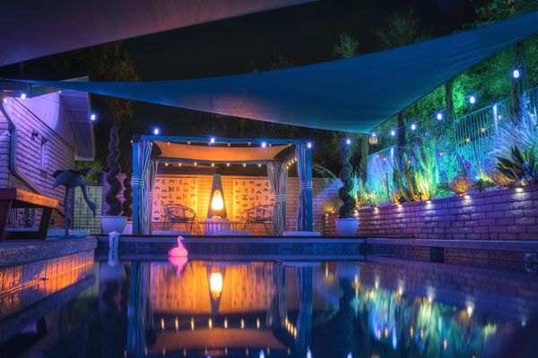 Backyard pool with a tiki bar and slide near a pond under cloudy skies.