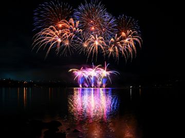 Colorful fireworks bursting over water at night with reflections.