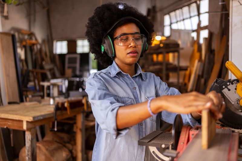Artisan wearing protective gear works on woodcraft project, showcasing precision and craftsmanship in a sustainable workshop filled with tools and materials.