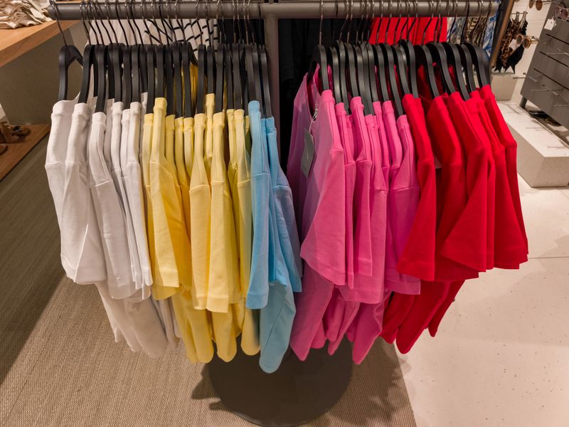White, yellow, light blue, light purple, pink and red t shirts are hanging on black hangers on a metal rack in a clothing store in prague, showcasing a vibrant display of colors for shoppers