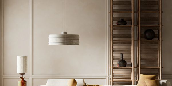 Cozy living room with neutral tones and textured decor.