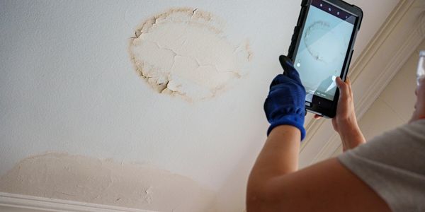 Person documenting water damage on ceiling with tablet through property management and home security while you are away from home