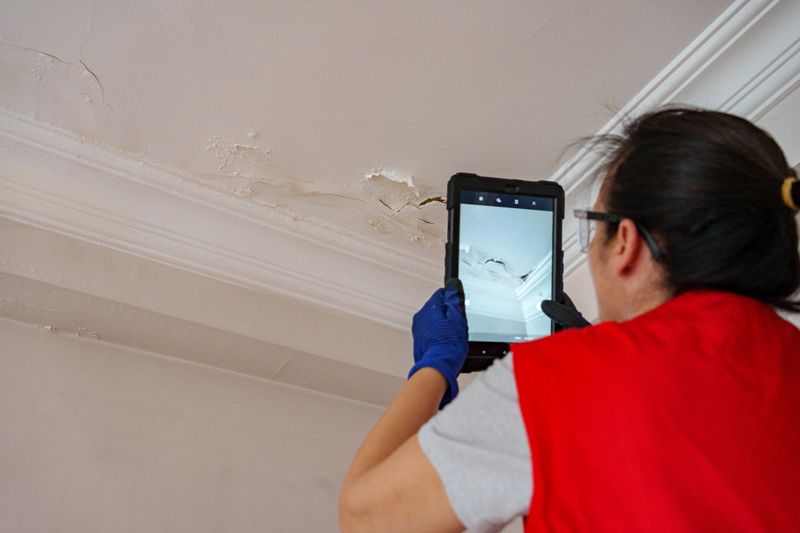 Worker fix leaking pipe in ceiling ,close-up of a stain on the ceiling, Insurance Adjuster Inspecting Damages On Construction Site