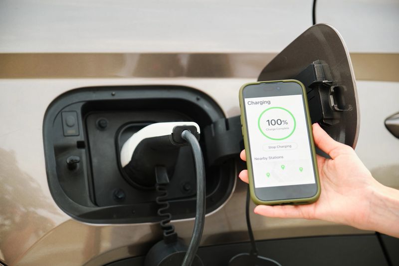 Woman using a smartphone app to control the charging of her electric car