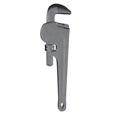 Metal pipe wrench with adjustable jaw for gripping and turning.