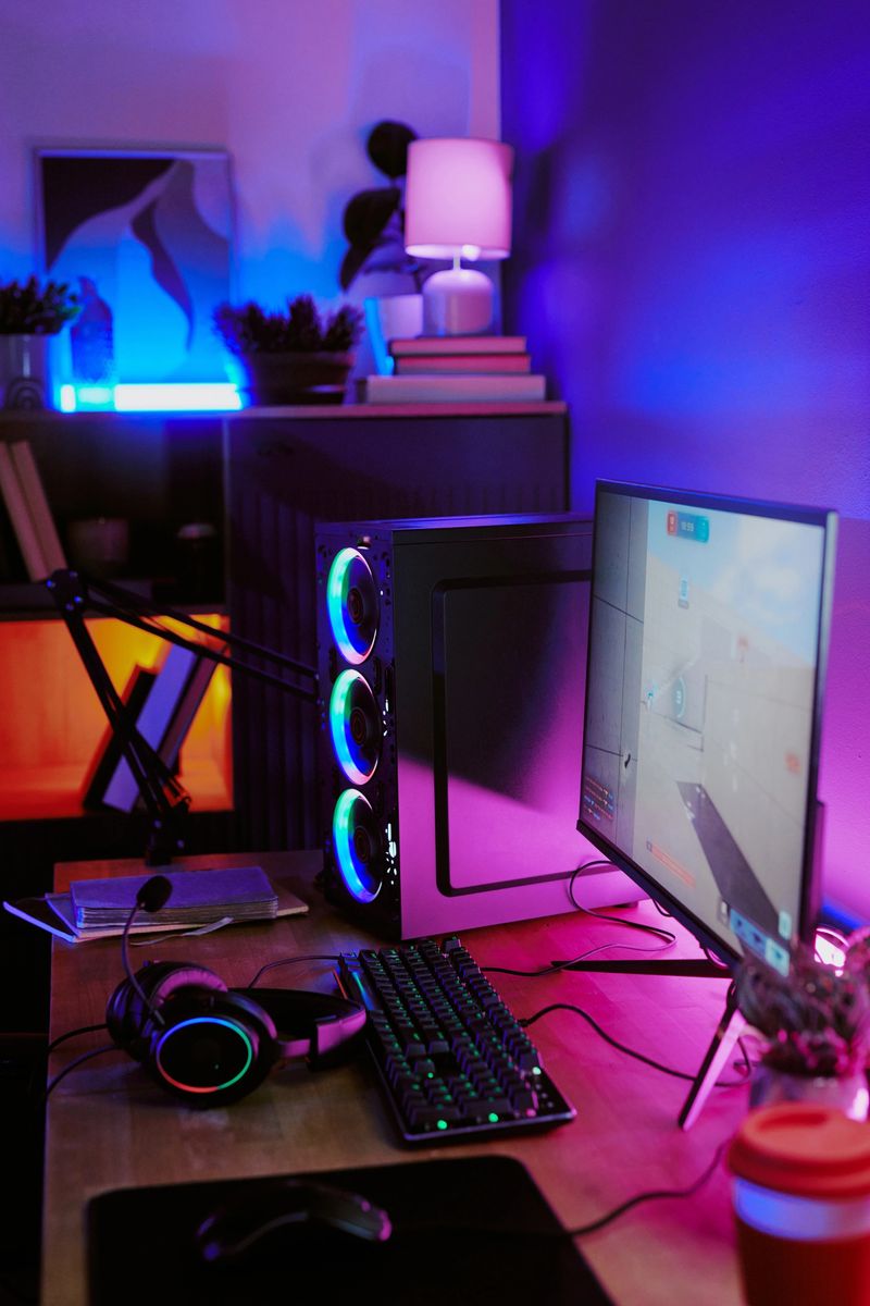 Gaming setup featuring desktop computer with RGB lighting, monitor displaying first shooter game, gaming keyboard, headphones, microphone, illuminated background, no people visible