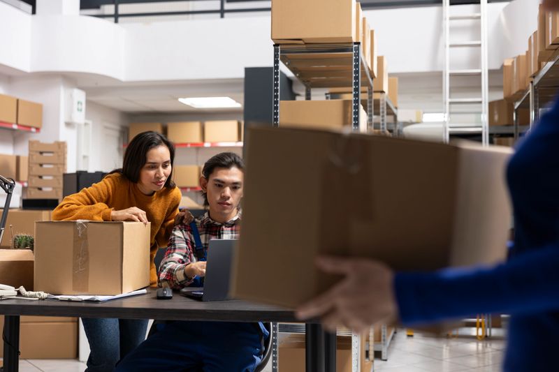 Workers team processing orders and retail shipments in small storehouse with taped boxes and labeled parcels. Local brand fulfillment supported by efficient logistics and delivery services.
