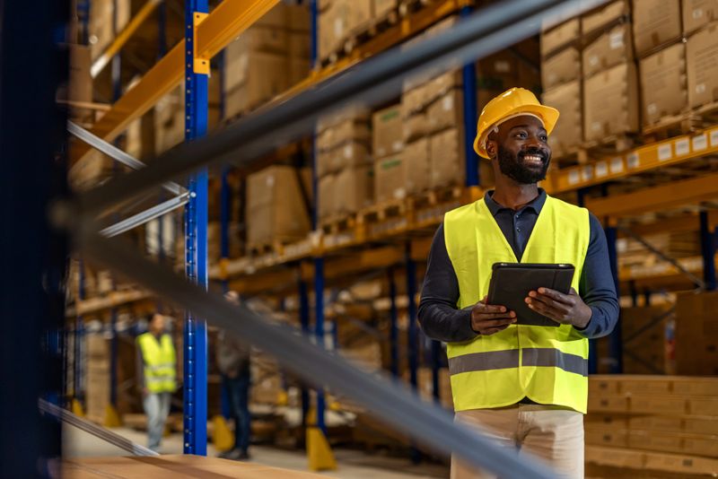 Confident warehouse worker wearing safety gear stands with a tablet in a large storage facility, representing modern inventory management and technology use in an industrial environment.