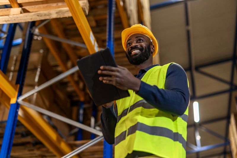 A cheerful warehouse worker wearing a safety helmet and vest uses a tablet to manage inventory. The setting is an organized storage facility with an efficient atmosphere.