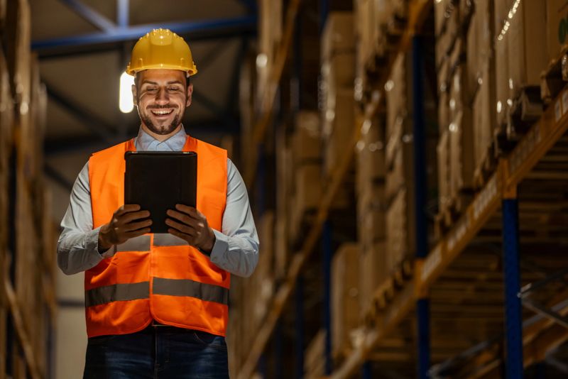 A smiling warehouse worker wearing safety gear is using a tablet for efficient inventory management under neatly organized shelves, showcasing technology's role in modern logistics and productivity.