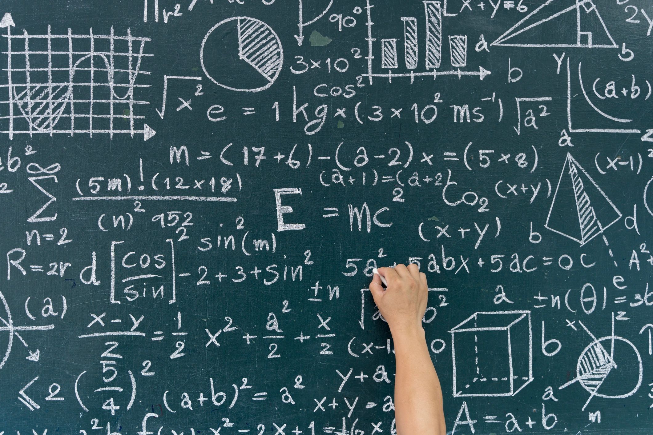 Hand writing complex math equations on chalkboard.