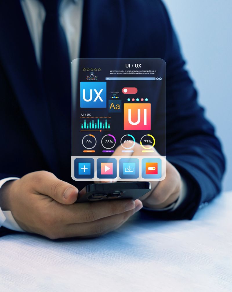 Holographic UI-UX, display icons of UX-UI designer, creative planning, data visualization. Web design, application design,coding develop.UX-UI design web and user design development