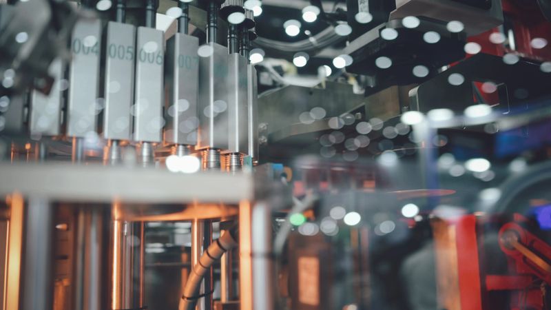 Automation drinking and packaging technology bottle plastic blow Synchronized machine filling transparent bottles in a modern, high-volume industrial environment. Focus on automation, consistency, and precision.filling line, bottle packaging, automated production, beverage manufacturing, chemical processing.