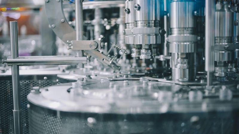 industrial close-up of a high-speed rotary liquid filling machine operating in a stainless steel production line. this video captures automation in the packaging process, showing synchronized nozzles and precision engineering used in food, beverage, or pharmaceutical industries.