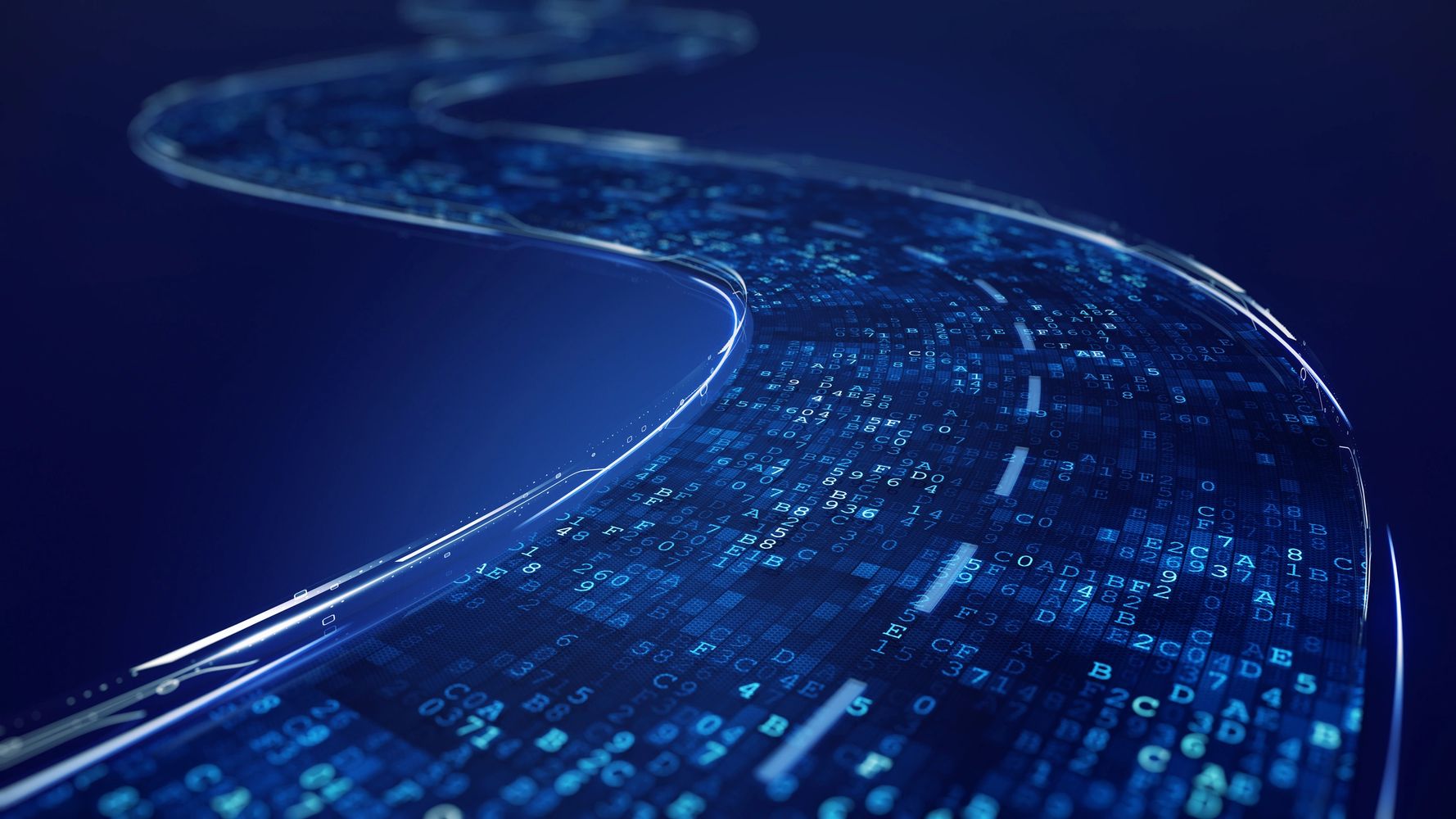 A glowing digital pathway of blue data streams curving into the distance.
