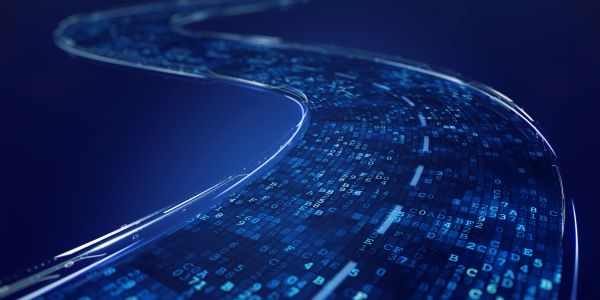 Curved digital data stream with binary code.