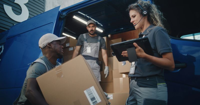Outside of Logistics Warehouse: Diverse Employees Loading Delivery Truck with Cardboard Boxes, Online Orders, Purchases and E-Commerce Goods. Female Manager Using Digital Tablet and Barcode Scanner.