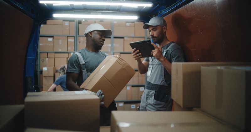Outside of Logistics Distribution Warehouse: Diverse Employees Unloading Delivery Truck with Cardboard Boxes. Manager Scanning Parcels Using Digital Tablet. Online Orders, Purchases, E-Commerce Goods.