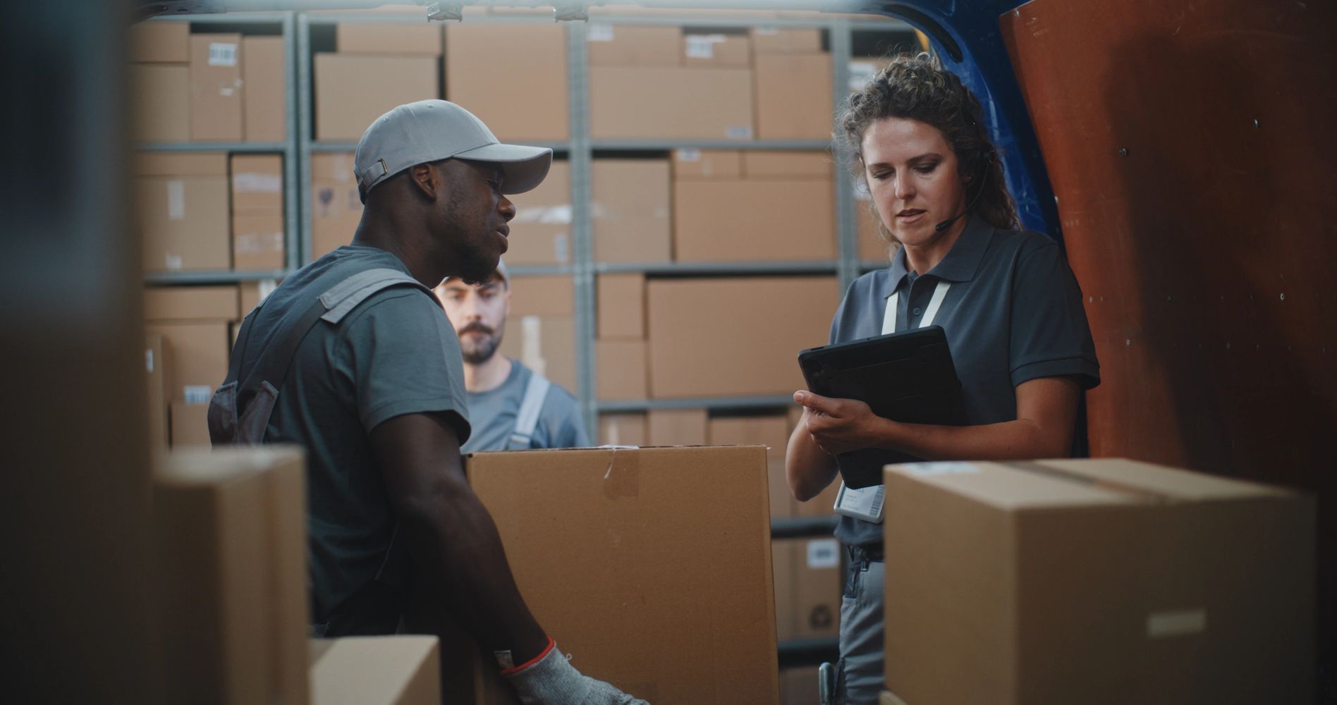 Warehouse workers managing inventory and checking orders in an online tracking system.