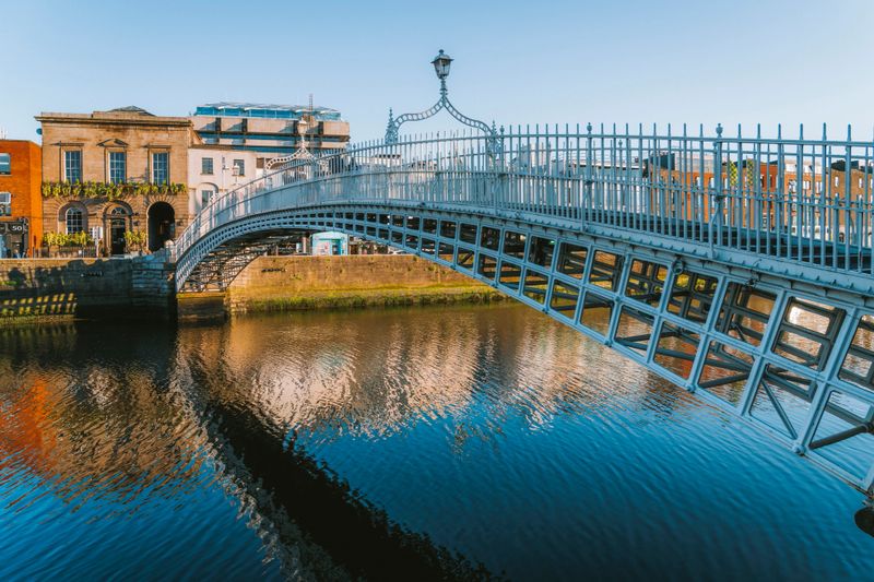 Ha'penny bridge and Liffey river in Dublin, Ireland during sunset