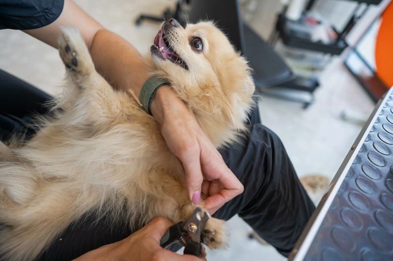 A groomer trims a Pomeranian's nails in a grooming salon