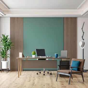 Modern office with wooden accents and minimalist decor.