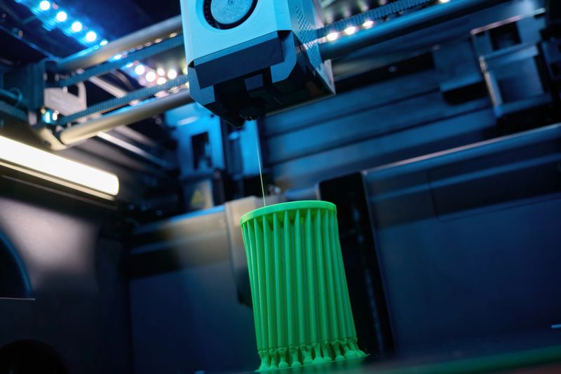 A 3D printer operates diligently, extruding hot material to build a vibrant green object layer by layer.
