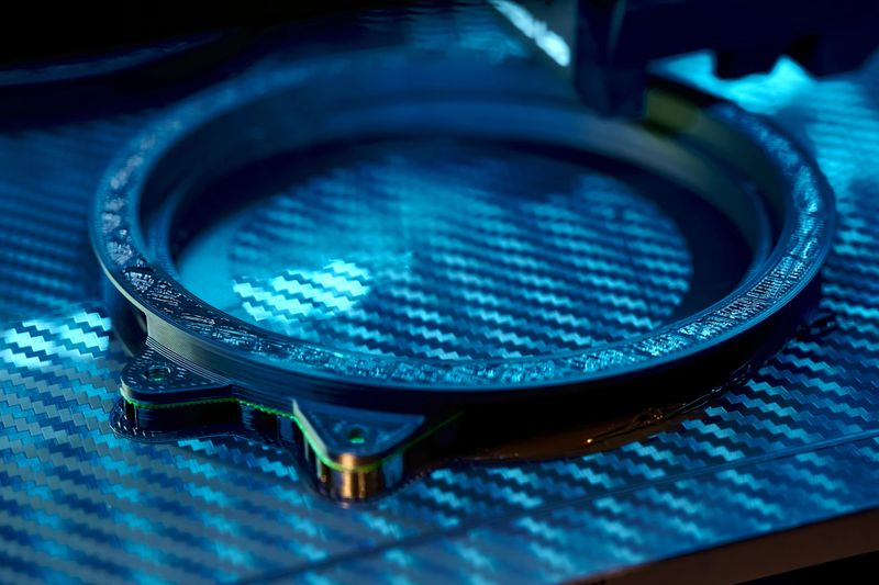 A 3D printer works on producing a precise carbon fiber ring. The setup is illuminated with blue light, creating a sleek atmosphere in the tech-focused workspace.