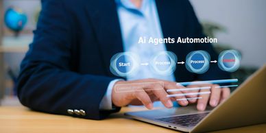 Businessman interacting with AI automation interface.