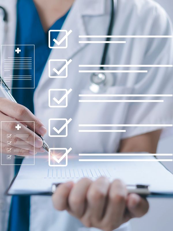 Doctor holding clipboard with digital medical checklist interface.