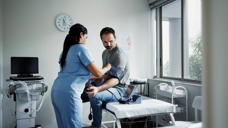 Nurse in blue scrubs taking blood pressure of male patient sitting on examination table in clinic room