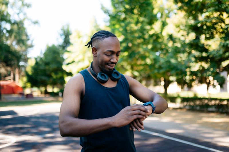 Young sportsman checking performance on smartwatch after training outdoor
