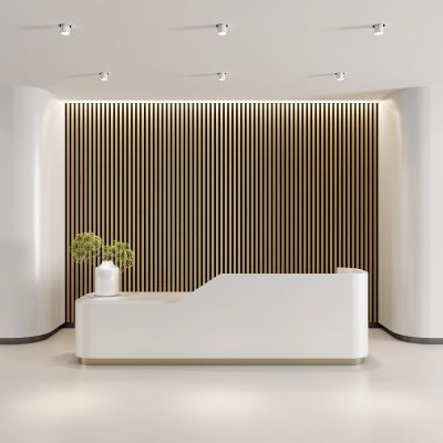Minimalist reception desk with vertical wood paneling background.
