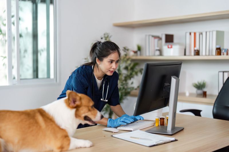 A dedicated veterinarian in scrubs using a computer to check medical records, with a friendly dog nearby. Focus on pet care and technology in veterinary practice.