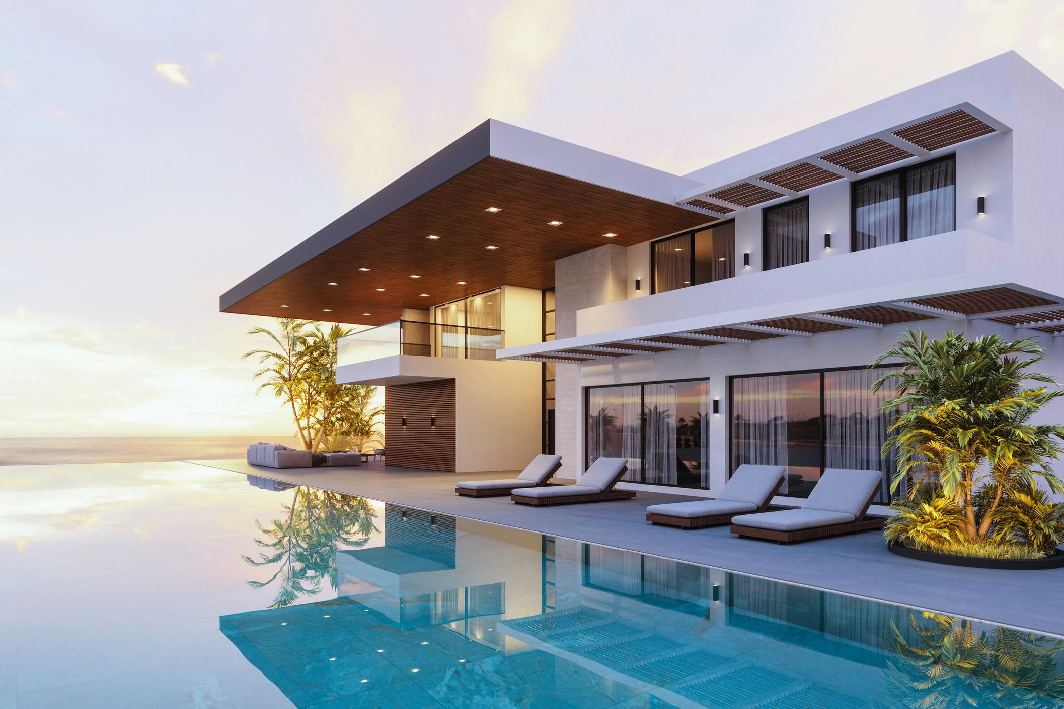 Modern luxury villa with infinity pool and sunset view.