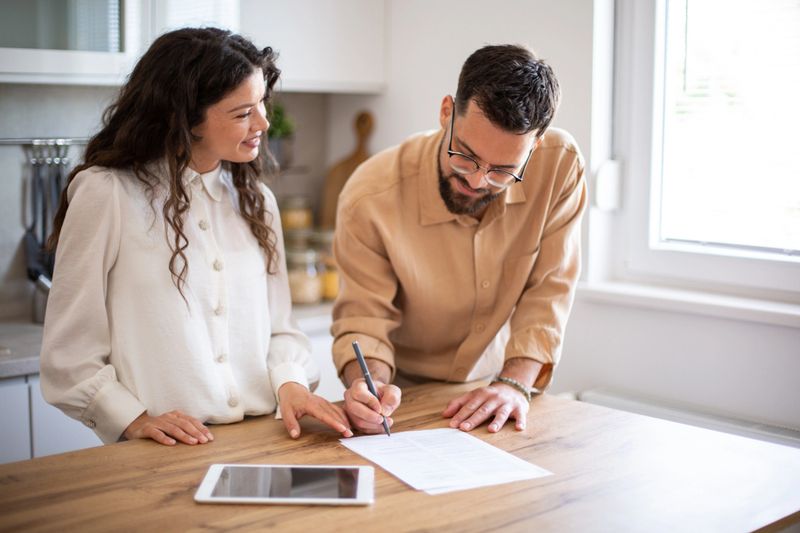 Two young adults engage in signing documents at a wooden table, showcasing teamwork and collaboration in a bright office setting