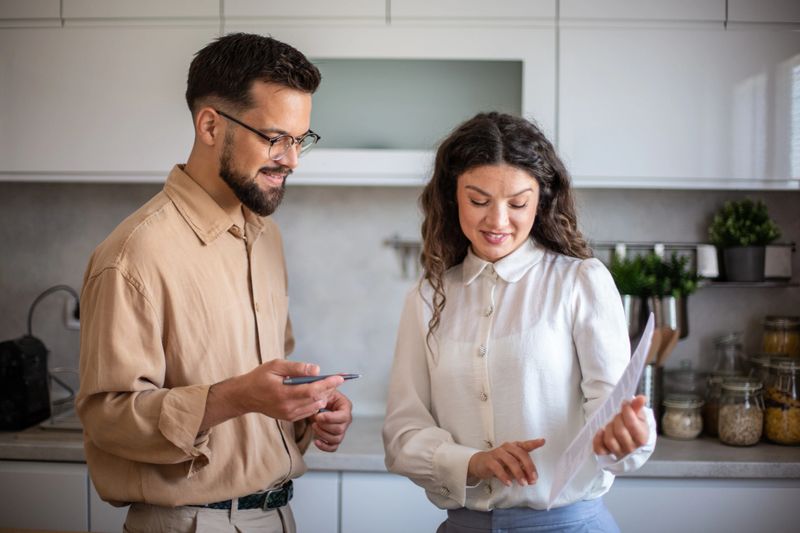 A real estate agent shows a new home buyer where to sign a contract.
