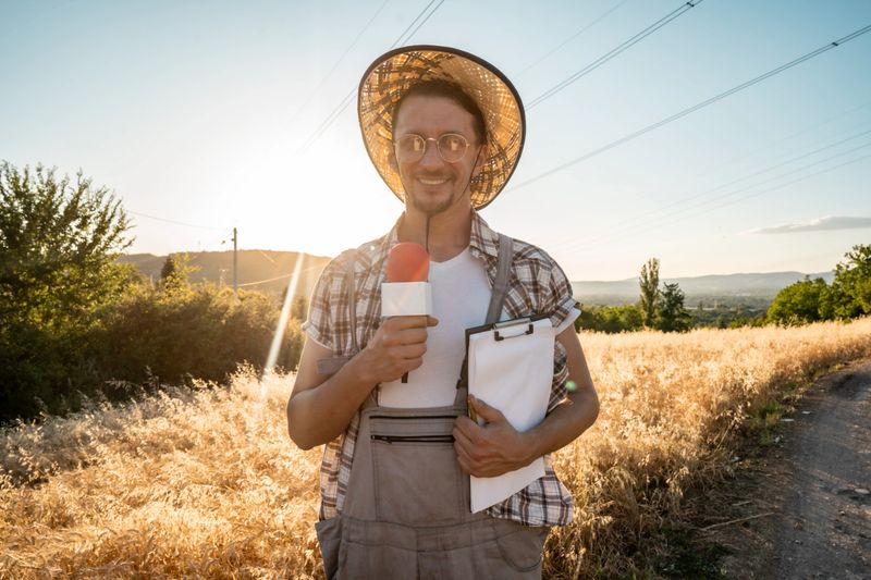 A farmer standing in a golden wheat field during sunset, holding a microphone and clipboard, creating an atmosphere of connection between agricultural work and journalism. The image depicts rural and communicative themes.