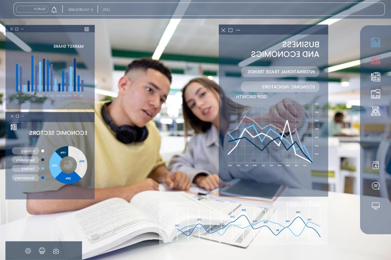 POV of two business students interacting with a screen while studying the market trends - Economy concepts