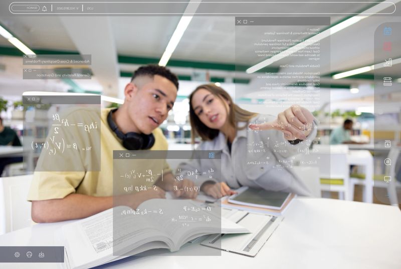 POV of two Latin American students interacting with a screen in a physics class while solving equations