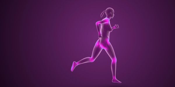 3D illustration highlighting joint pain areas in a running woman.
