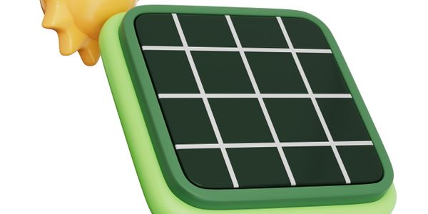 3D icon of a solar panel with a sun behind it.