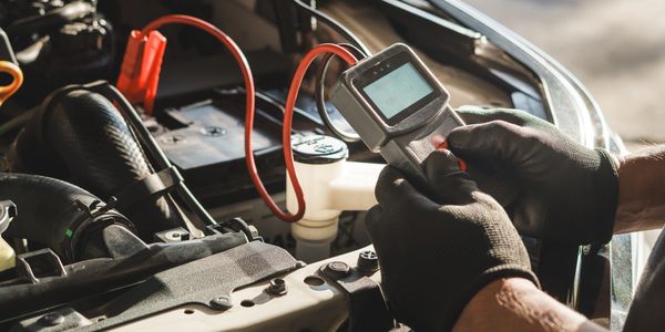 Technician testing a car battery with diagnostic tool under the hood.